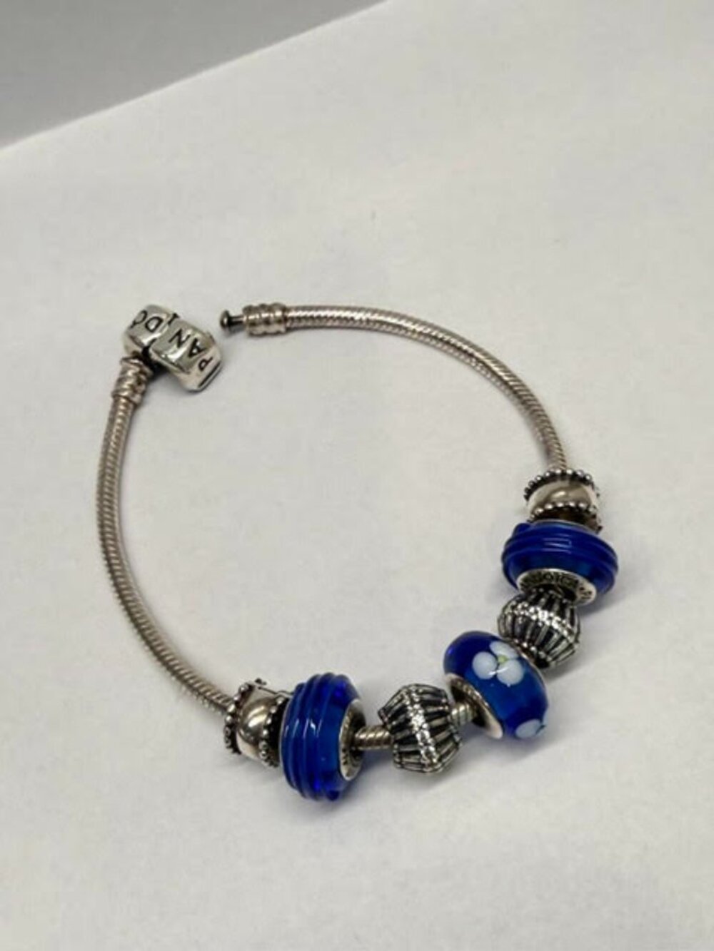 Authentic PANDORA Moments Bracelet Silver Chain Retired Blue Murano Glass Charms
